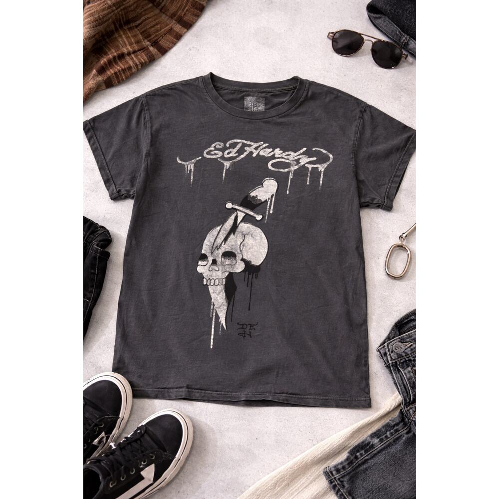 Ed Hardy Skull Dagger Graphic T Shirt Vintage Style Single Stitch Black Men’s L